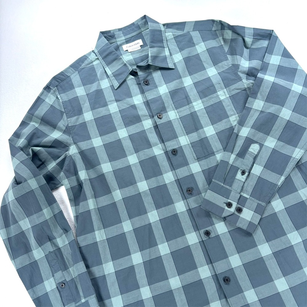 Calvin Klein Shirt Button Mens Medium Blue Gray Plaid Long Sleeve 100% Cotton